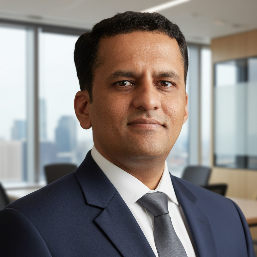 A man with dark curly hair, glasses, and a beard, wearing a dark green sweater, looking to the side in an indoor setting with a light-colored wall and a plant in the background.