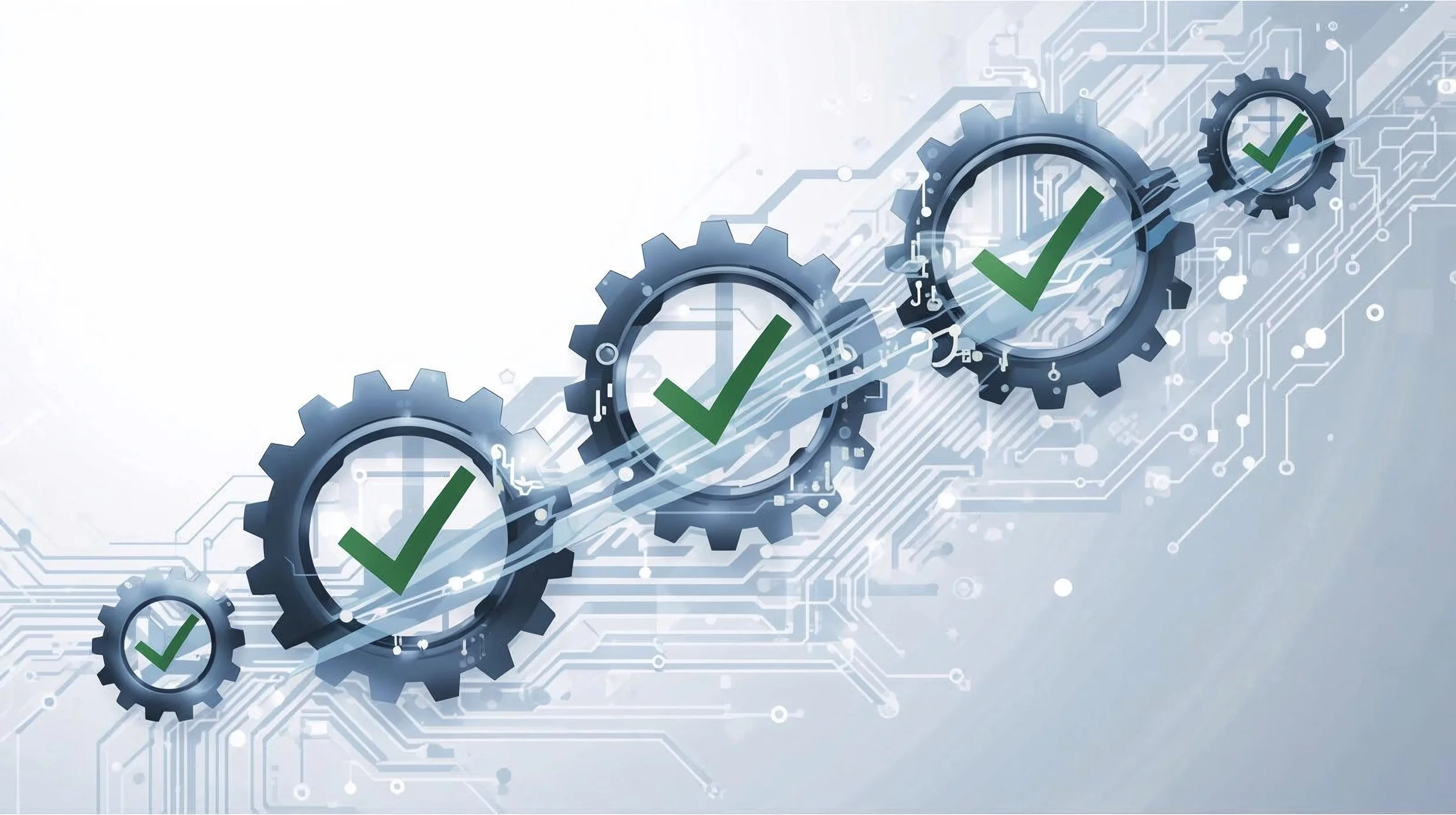 Five interconnected gears with green checkmarks, set against a background of circuitry and technological lines, symbolizing automation and technological progress.