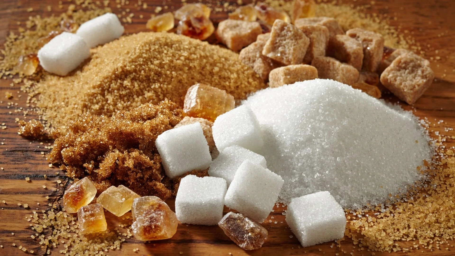 A variety of sugar types and forms on a wooden surface, including white granulated sugar, brown sugar, white sugar cubes, brown sugar cubes, raw sugar crystals, and a brown sugar paste.