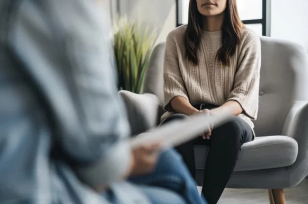 Woman sitting on a sofa during a therapy session or counseling, with another person partially visible holding a clipboard or folder.
