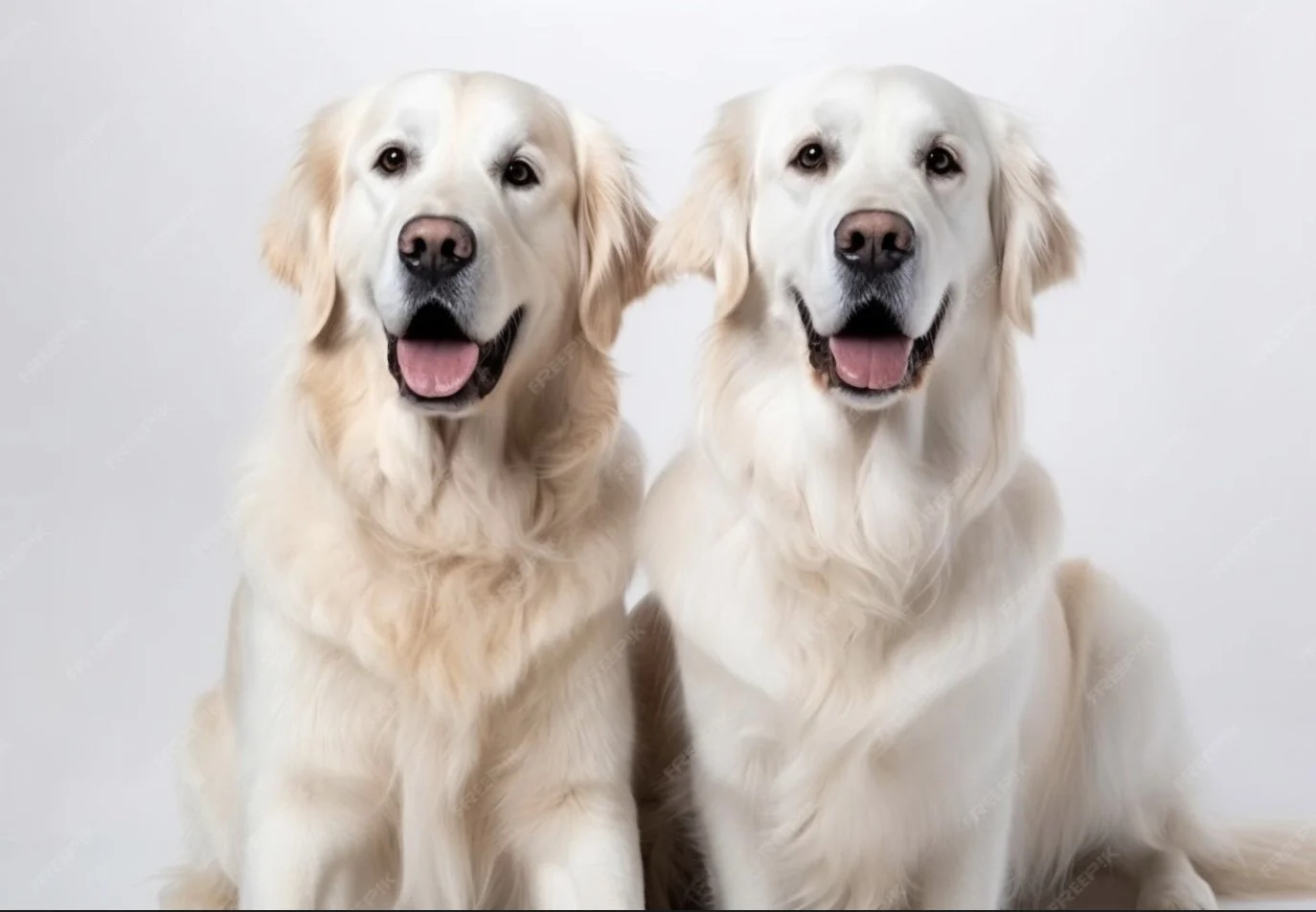 Two golden retriever dogs sitting side by side, facing forward with their mouths open and tongues out, against a plain white background.