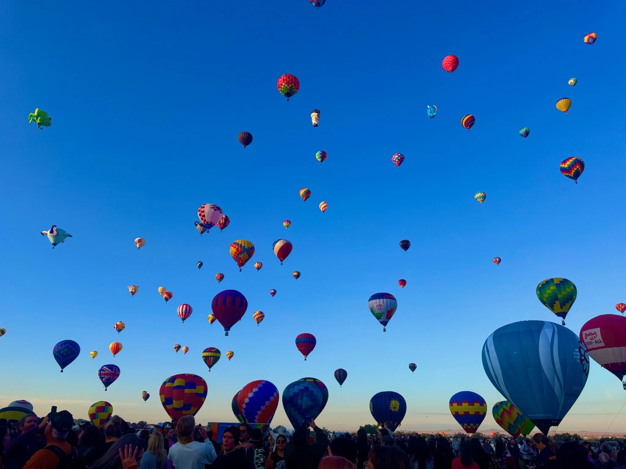 Many colorful hot air balloons floating in a clear blue sky during a hot air balloon festival, with a crowd of people on the ground watching.