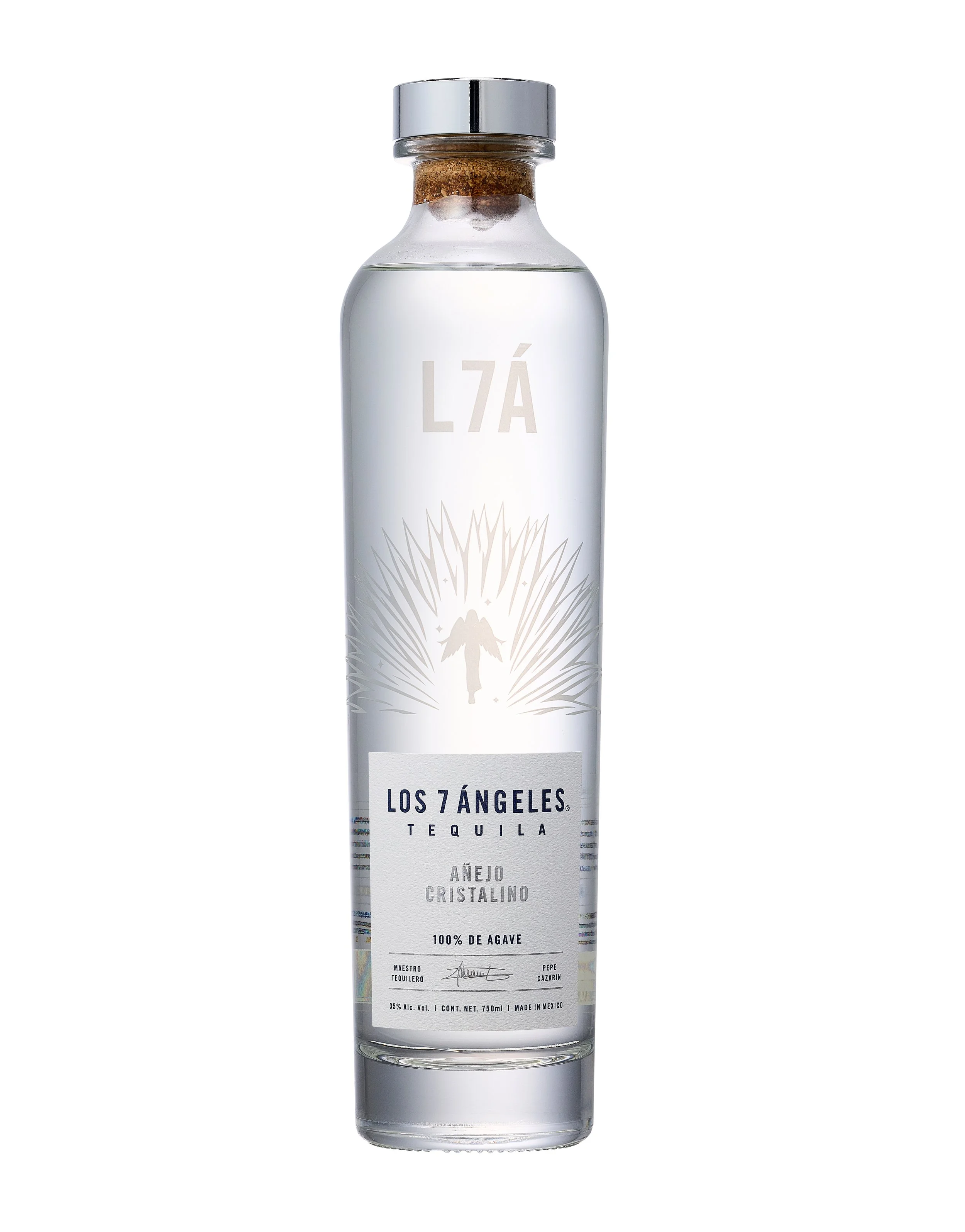 ホワイトのラベルに『Los 7 Angeles Tequila』と記載された透明の瓶。ブランド名とともにアガベのデザインが描かれている。