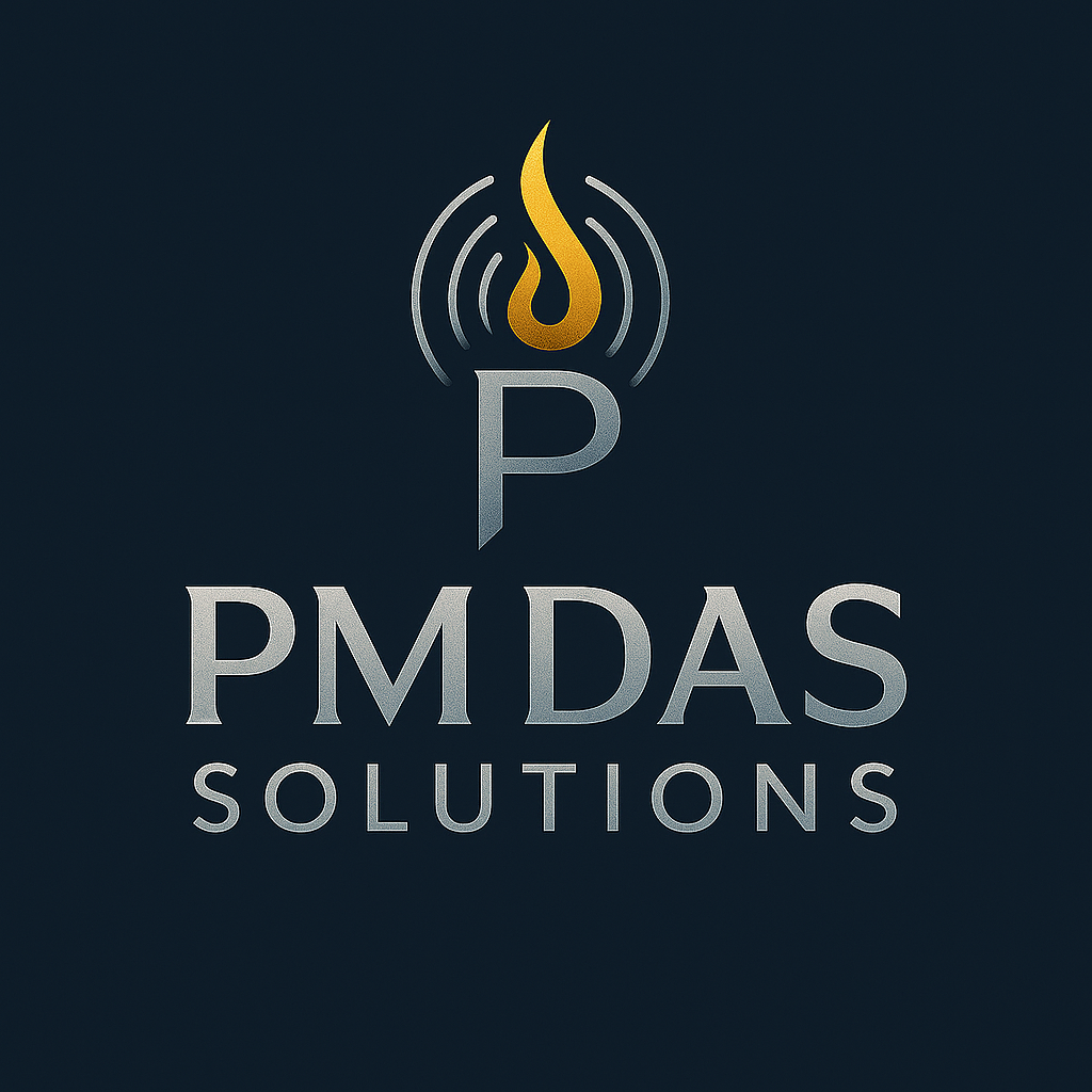 Logo for PM DAS Solutions featuring a stylized flame above the letter P and wavy lines, with the company name in silver text on a dark background.