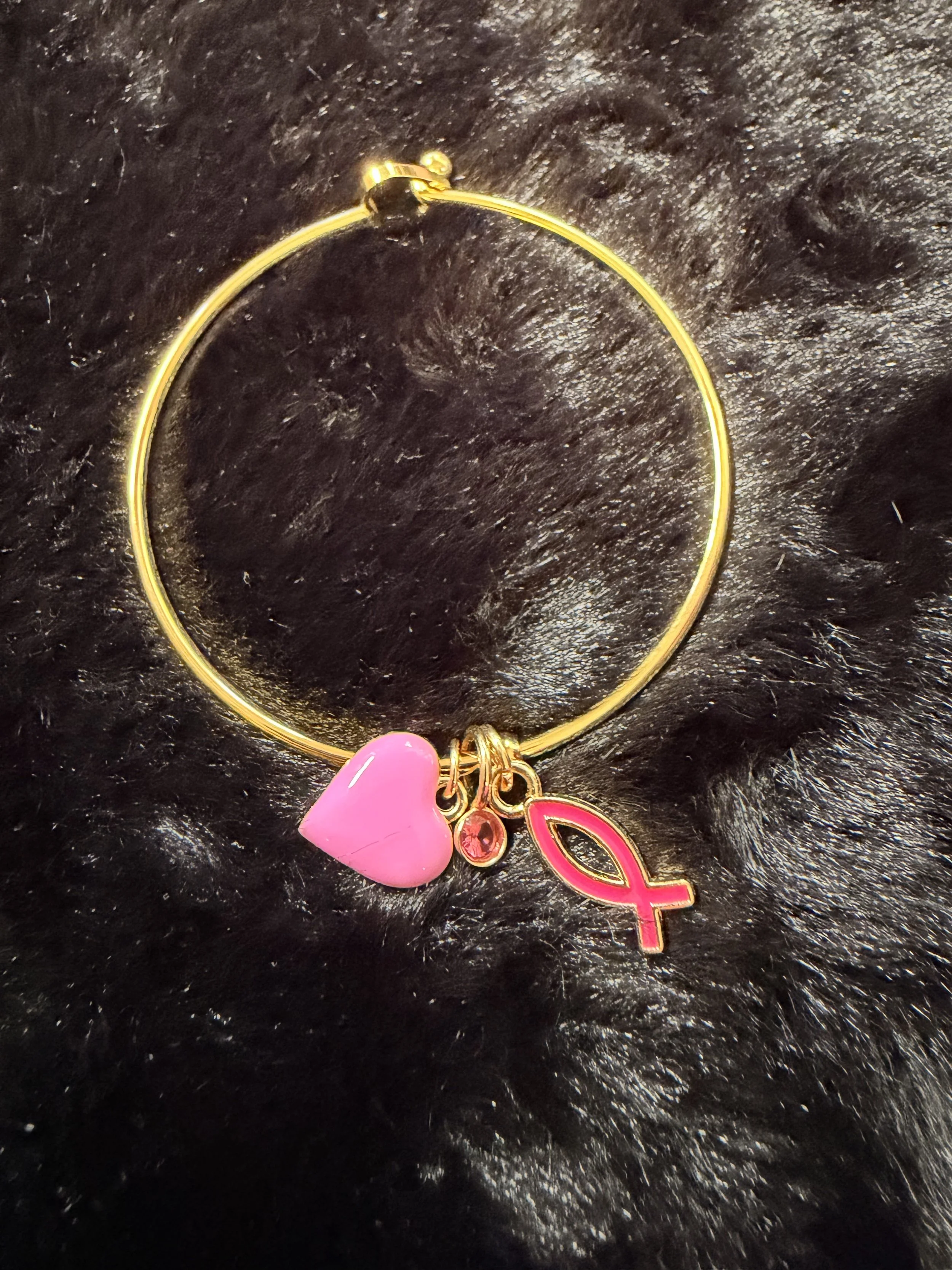 Pink heart/Jesus Fish Gold Bangle