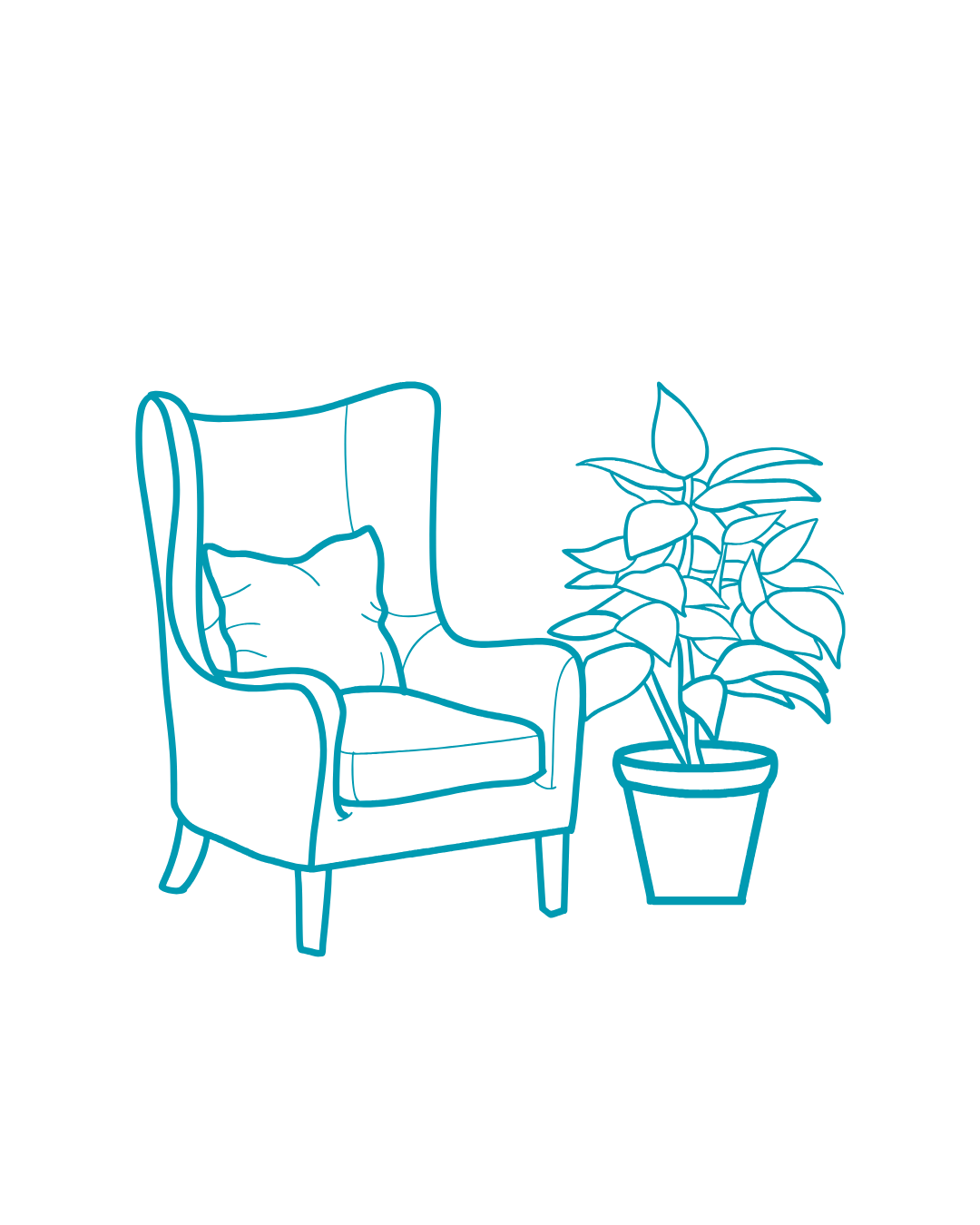 Line drawing of a cozy armchair with a cushion, positioned next to a potted plant with broad leaves, set against a black background.