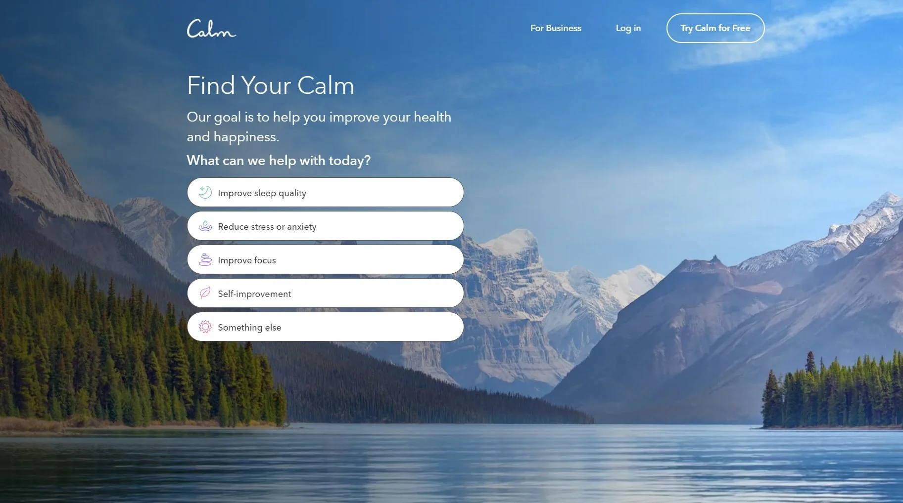 A scenic landscape of a lake with a forest in the foreground and snow-capped mountains in the background under a blue sky with some clouds, as part of the Calm app website homepage.