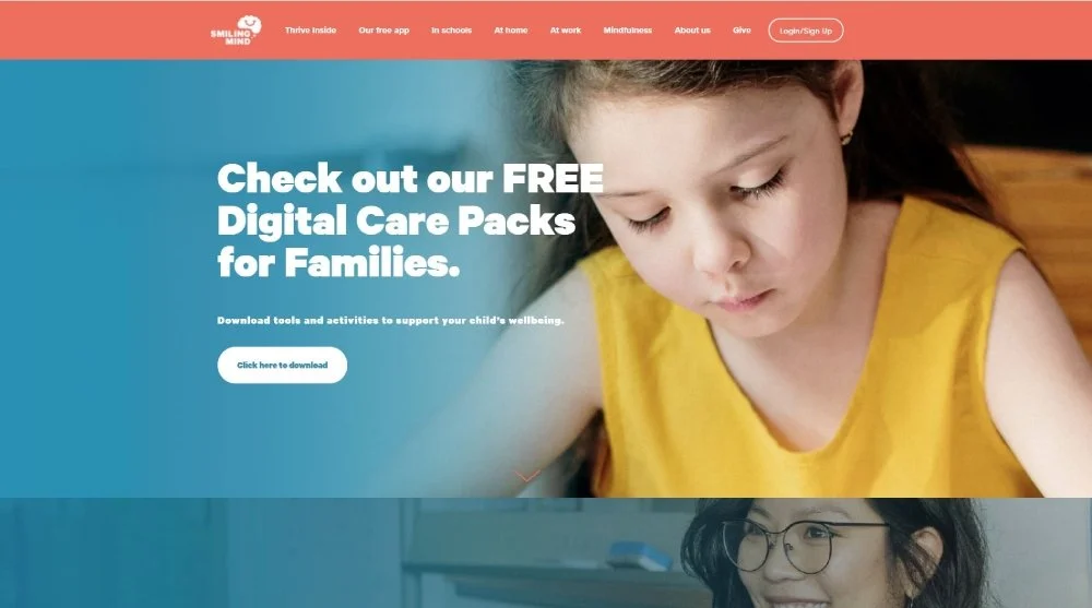 Screenshot of a website offering free digital care packs for families, featuring a young girl with closed eyes wearing a yellow top.