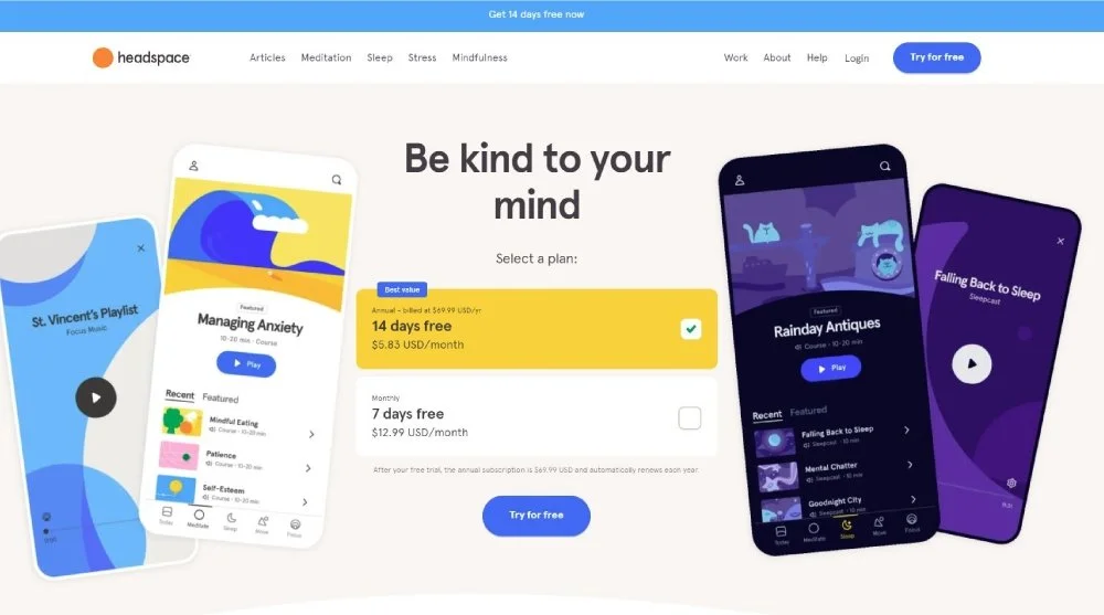 Screenshot of Headspace website promoting meditation app with plans for 14 days free and monthly subscription, featuring mobile app interfaces displaying different meditation titles and artwork.