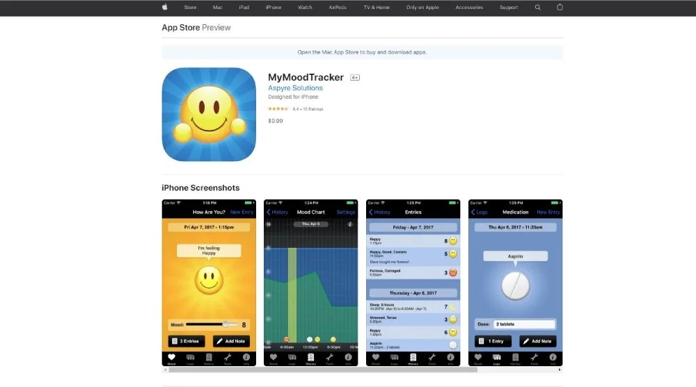 Screenshot of the App Store preview for MyMoodTracker app showing its icon, description, and sample iPhone screenshots with mood tracking and medication logging features.