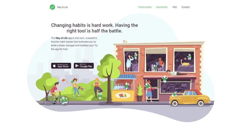 Illustration of a community scene promoting healthy habits. On the left, a person rides a bicycle with a dog, there are children playing and adults stretching. The center features a two-story brick building with people inside and outside engaging in various activities. The scene promotes the Way of Life app, available on the App Store and Google Play.