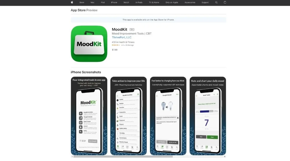 Screenshot of the MoodKit app page on the Apple App Store showing the app icon, name, developer, price, and four iPhone screenshots demonstrating app features for mood improvement tools.