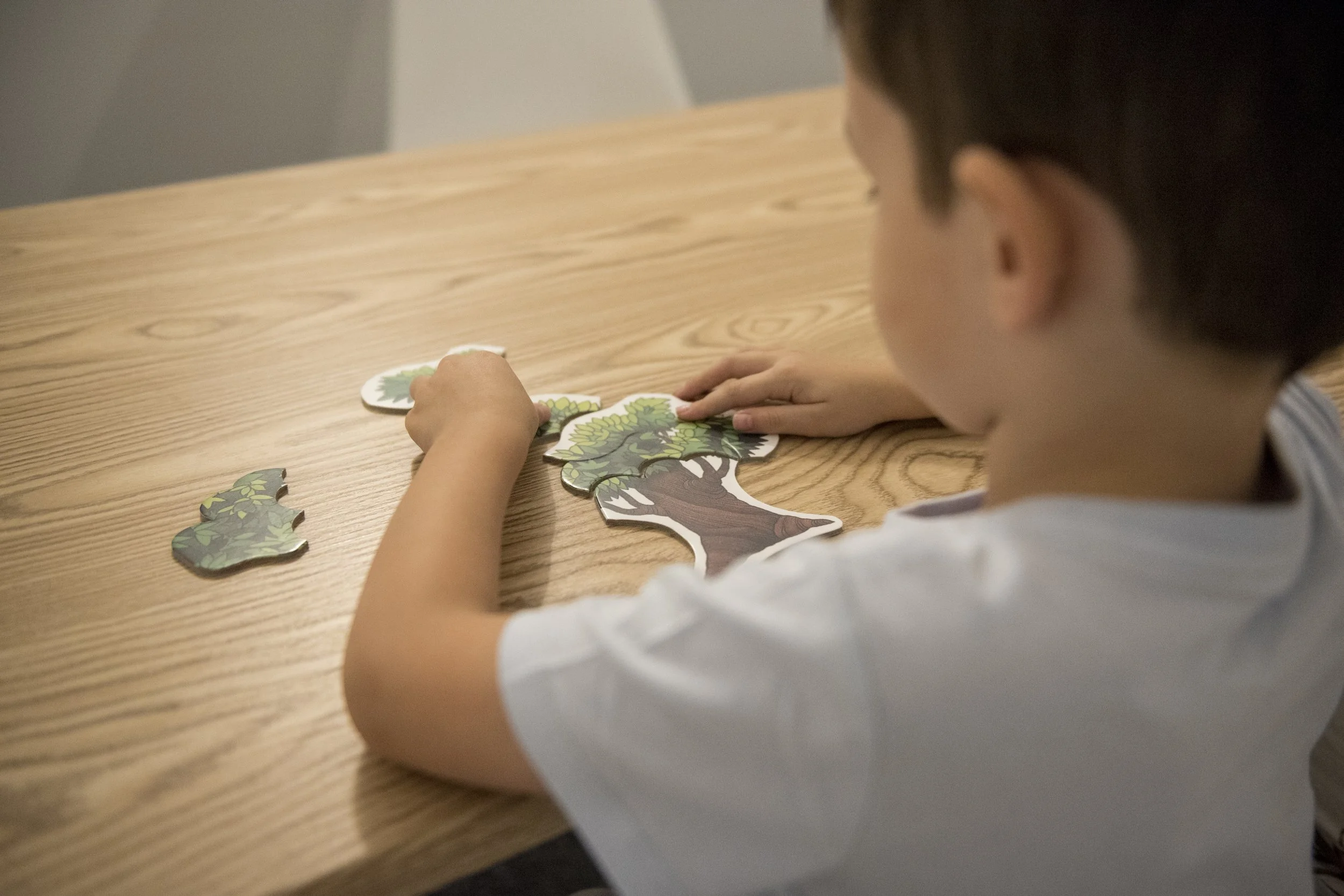 A young boy with dark hair sitting at a wooden table, playing with a puzzle that has various pieces decorated with trees and leaves.