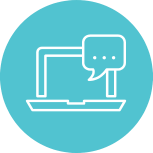 Laptop with a chat bubble icon above it on a teal background.