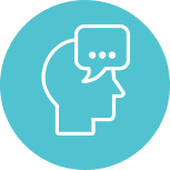 Icon of a human head silhouette with a speech bubble inside, representing communication or thinking.