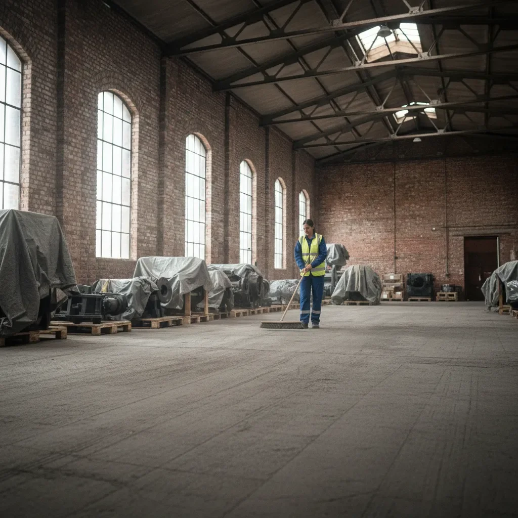 lady sweeping floor of dusty warehouse in sydney
