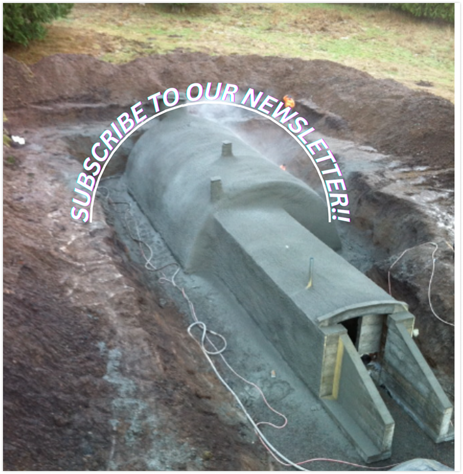 Construction site showing a large concrete culvert pipe being installed underground, surrounded by dirt and soil. The image includes a message inviting viewers to subscribe to a newsletter.