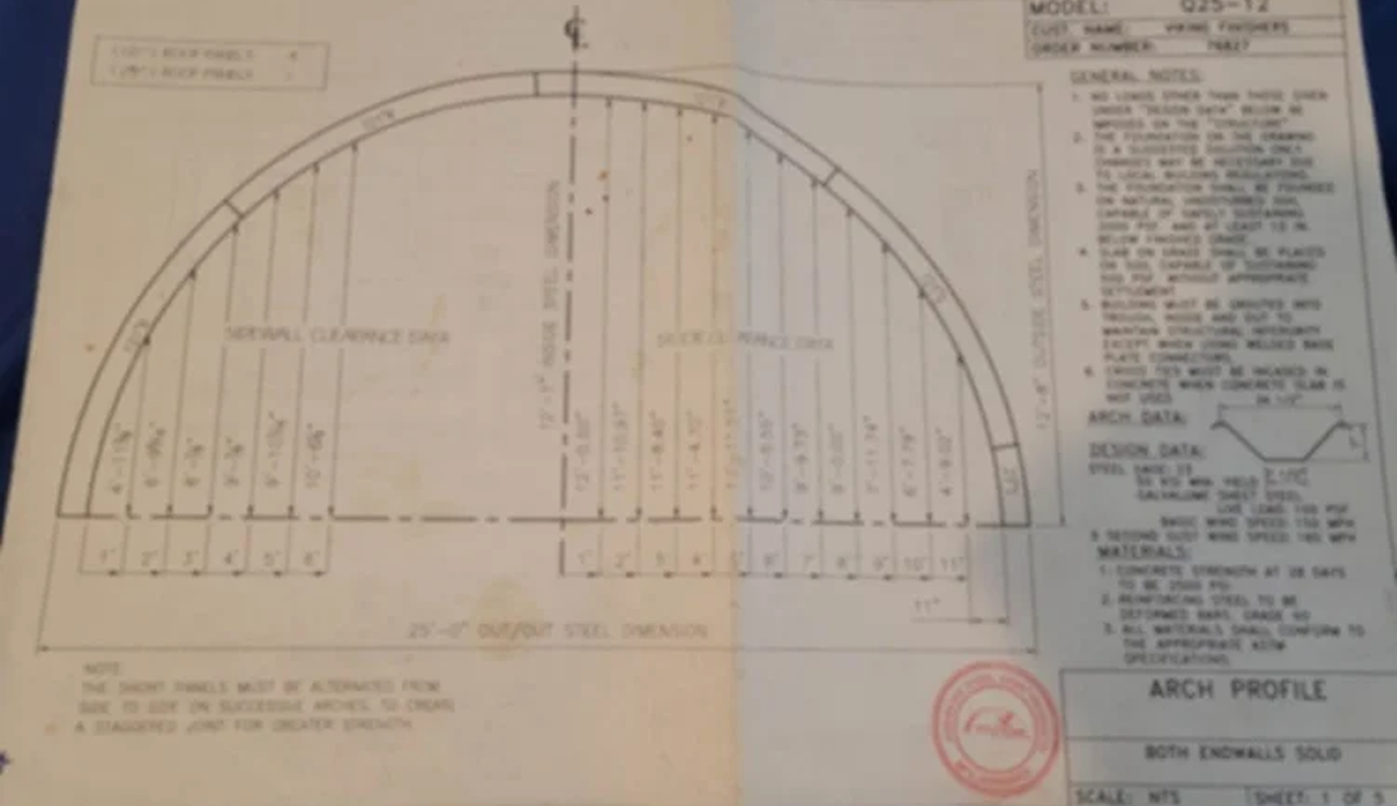 Blueprint drawing of an arch, including measurements, construction notes, and an arch profile diagram, with text instructions and signatures.