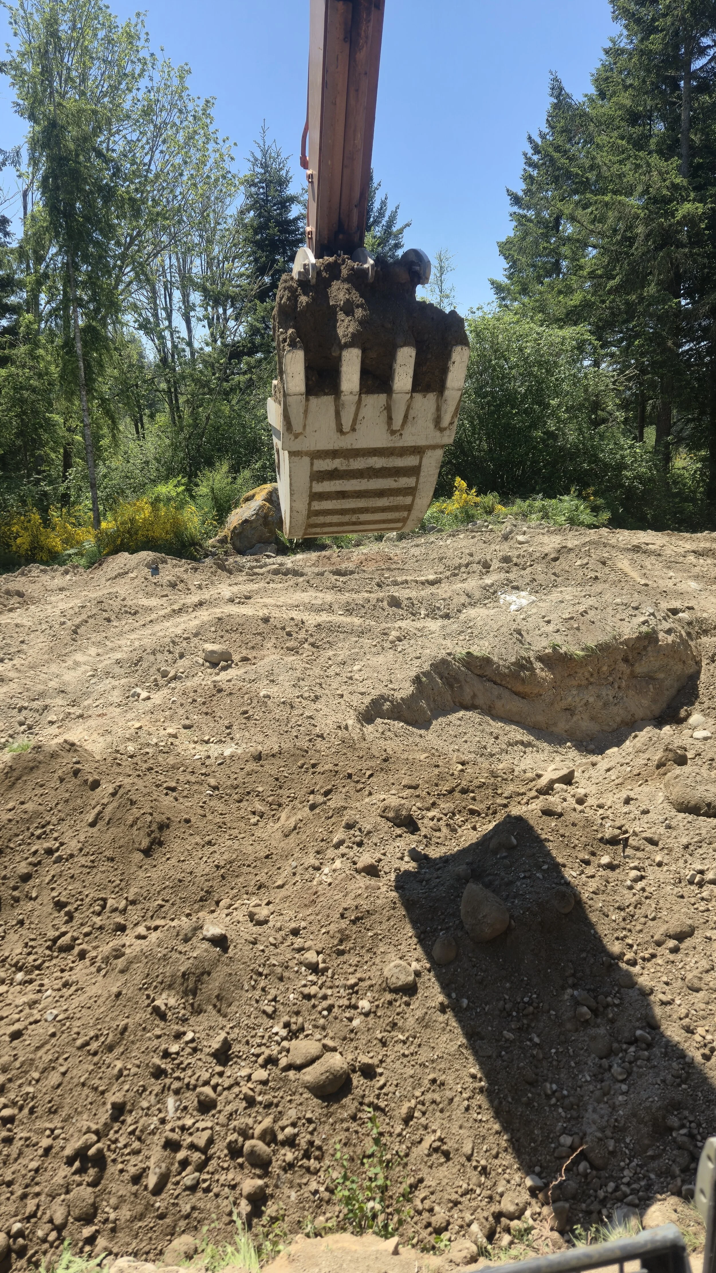 Close-up of an excavator arm digging into dirt at a construction site with trees in the background.