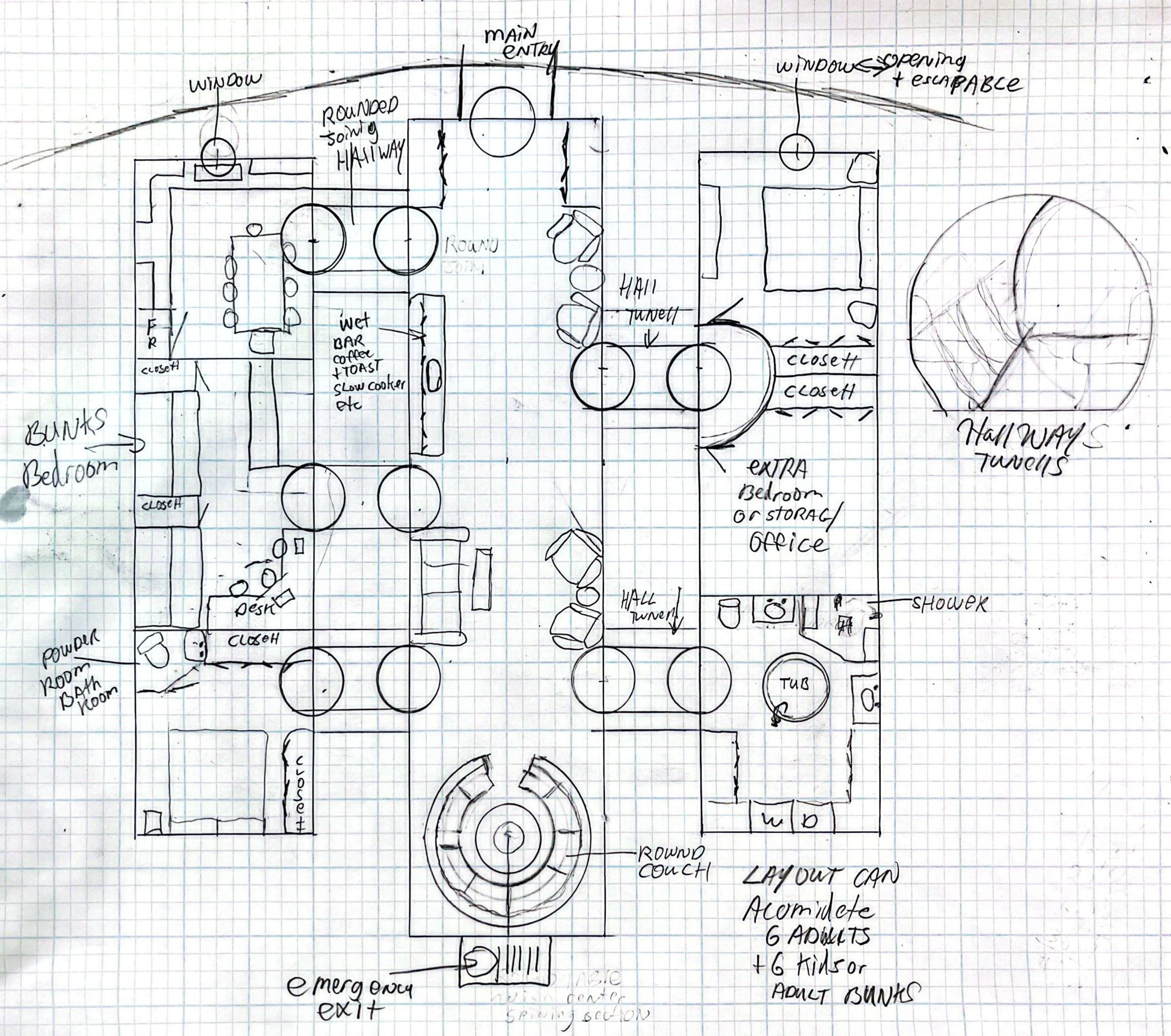 Hand-drawn floor plan of a residential layout on graph paper showing multiple rooms with labeled features such as bunk beds, bedrooms, closets, a bathroom, a kitchen with a wet bar, a round couch, and hallways with tunnels. Includes notes about windows, exits, and adjustable layout for adults and kids.