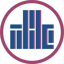 A circular logo with abstract blue and pink vertical lines forming a geometric pattern inside a pink border.