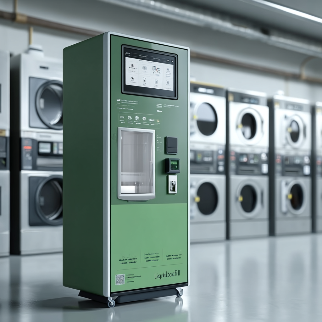 A green and gray liquid refill vending machine with the name "liquidecofill" inside a laundromat, with washing machines in the background.