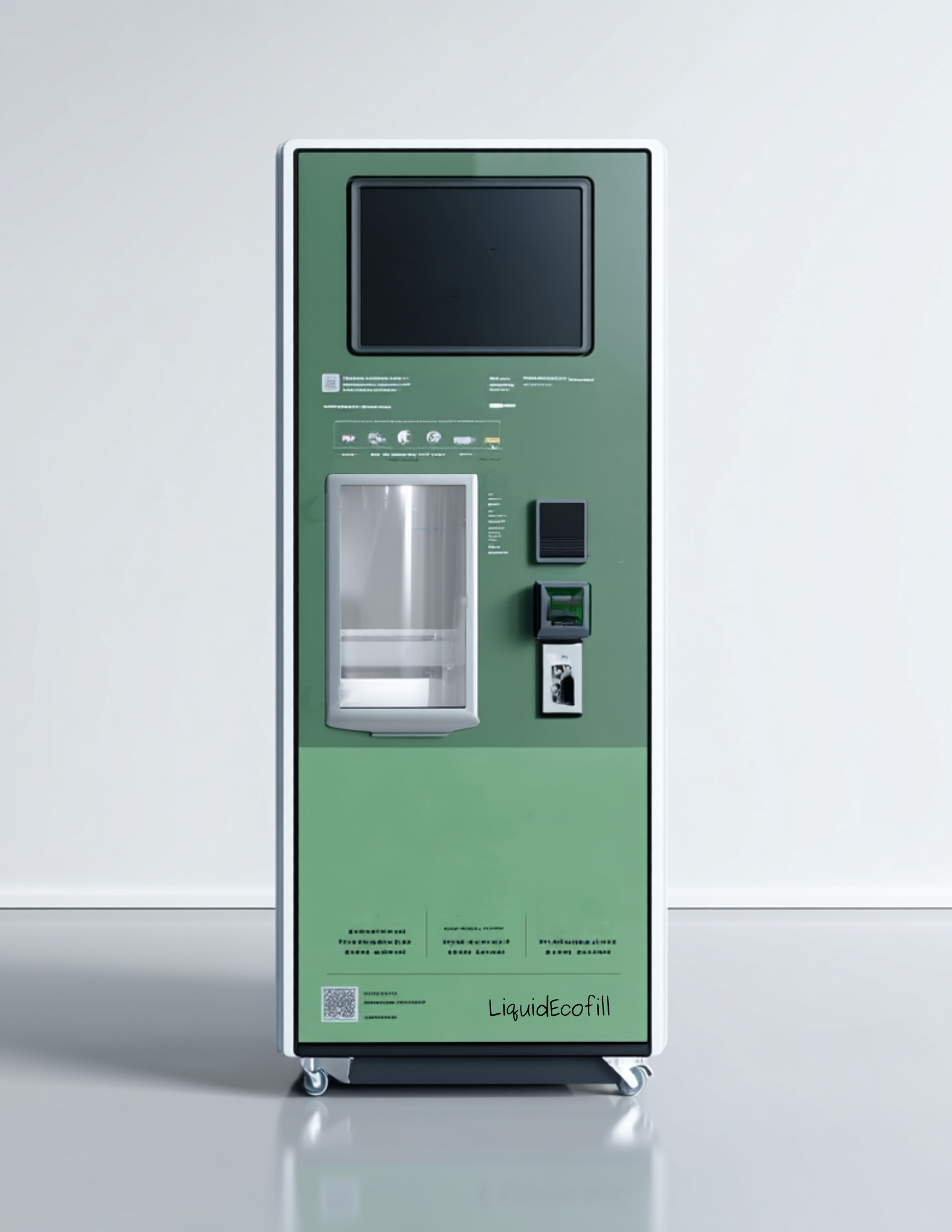 A green and silver refill station vending machine with a display screen, vending slot, and payment interface, on wheels, branded LiquidEcofill.