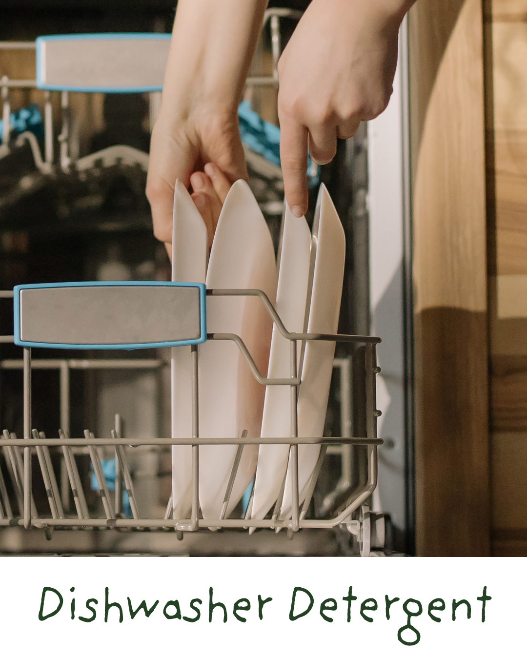 Hands placing clean plates in a dishwasher for dishwashing.