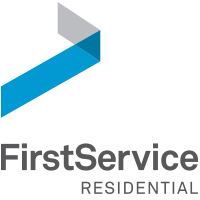 First Service Residential logo, featuring a stylized blue and black geometric design.