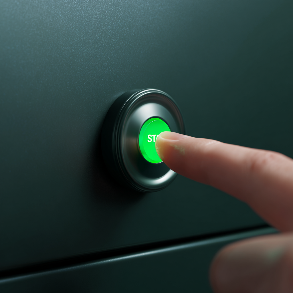 Finger pressing an illuminated green start button.