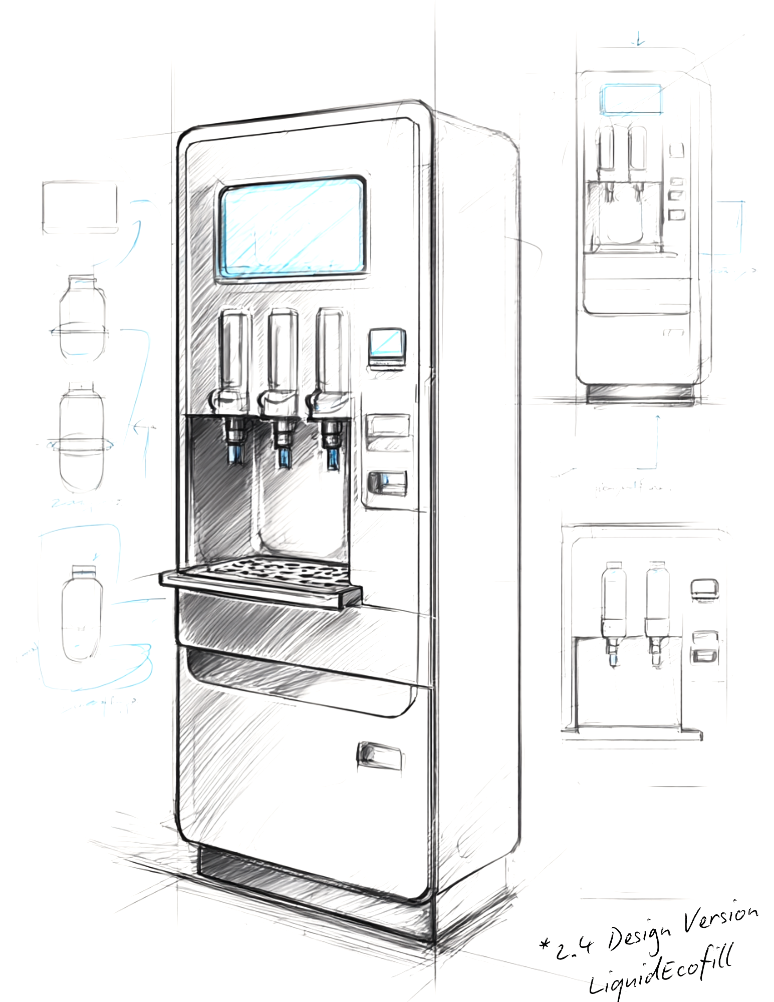 A technical sketch of a liquid product vending machine with three dispenser nozzles, a display screen, and keypads, with additional design notes and smaller sketches of related components.