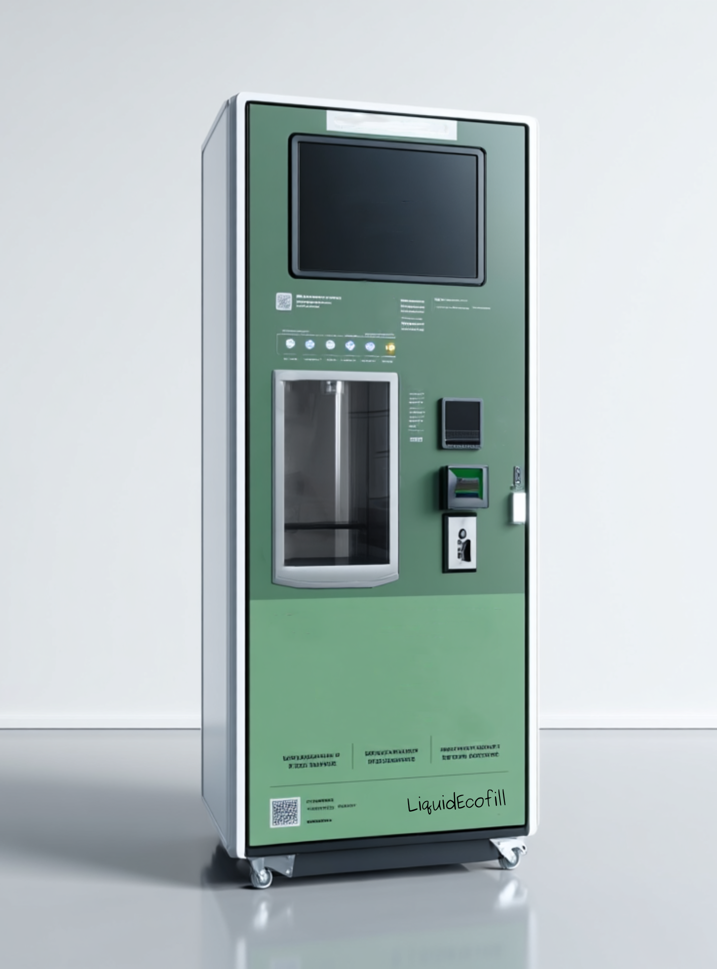 A green and gray liquid refill vending machine with the name "liquidecofill" with a digital screen and various payment options, including a card reader, located in a minimalist white room.