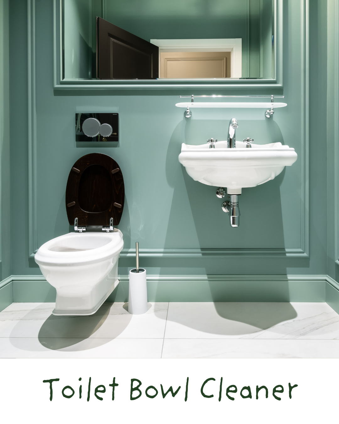 A bathroom with a wall-mounted toilet and a sink. The toilet has a dark wooden lid, and a toilet brush is next to it. Above the sink is a large mirror, and a TV is reflected in the mirror. The wall is painted in a teal color, and the bathroom has white tiled flooring.
