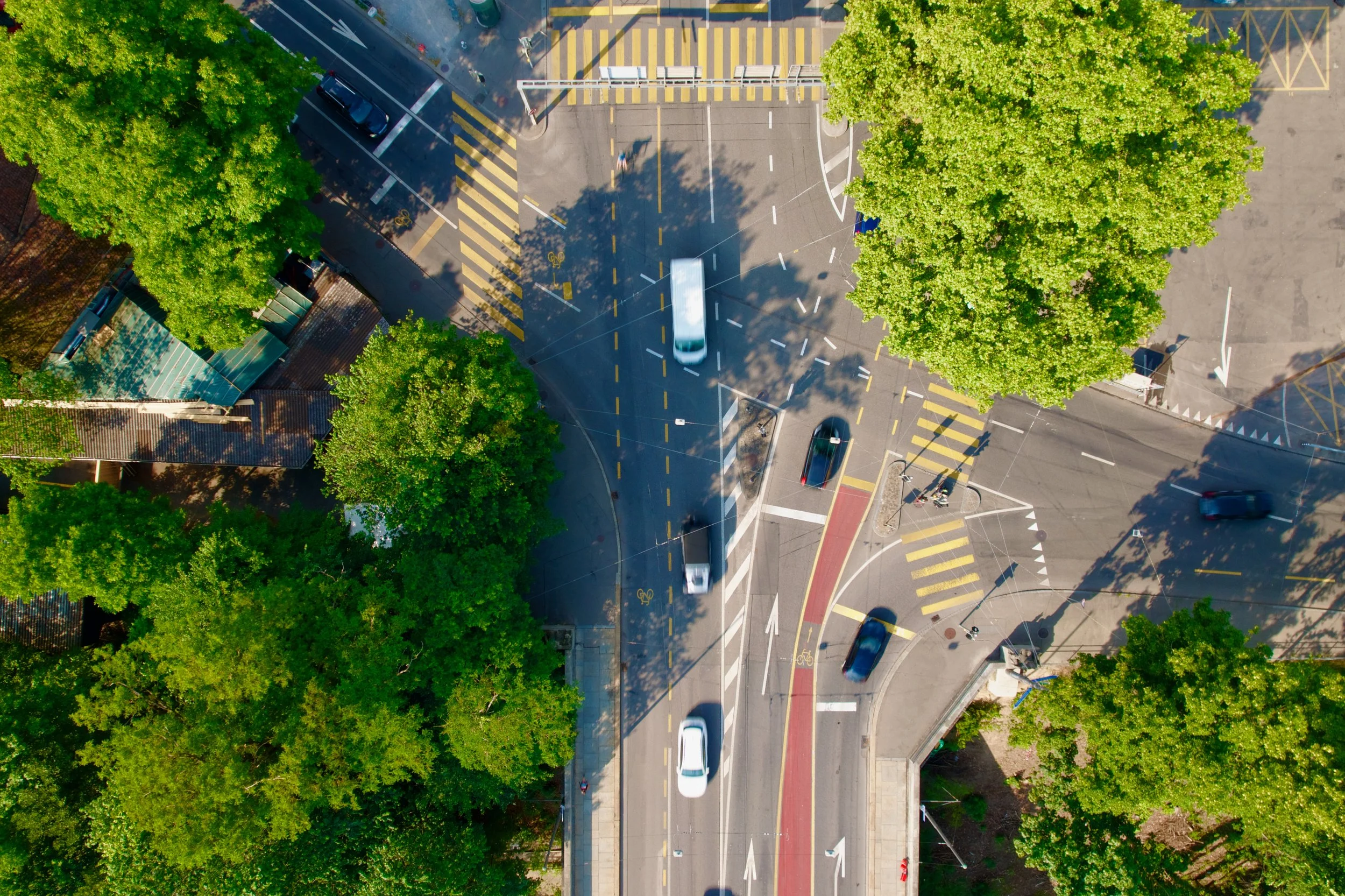 Aerial view of an urban intersection