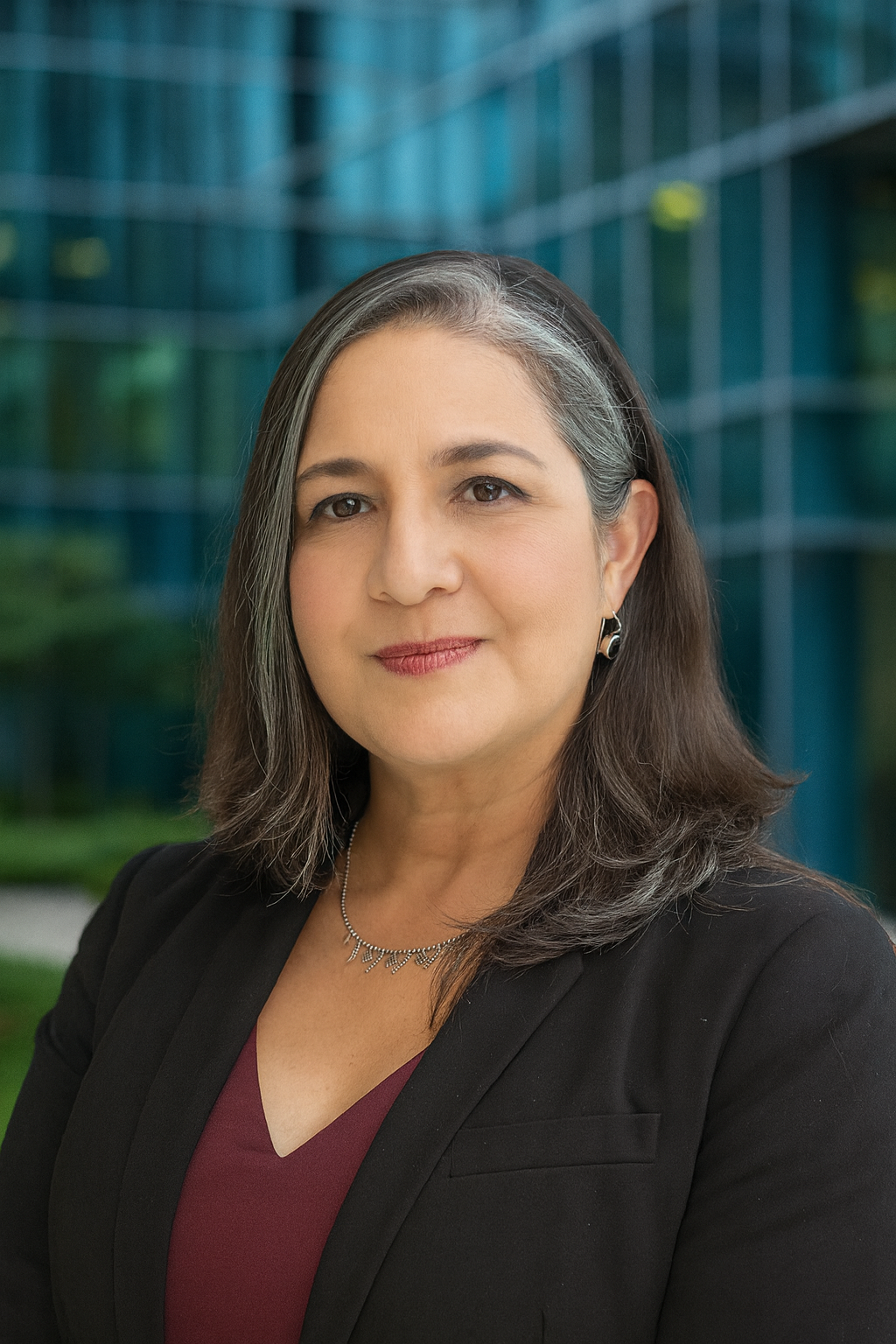 Professional headshot of a middle-aged woman with shoulder-length gray and black hair, wearing a black blazer and a burgundy top, standing outdoors in front of a glass building.