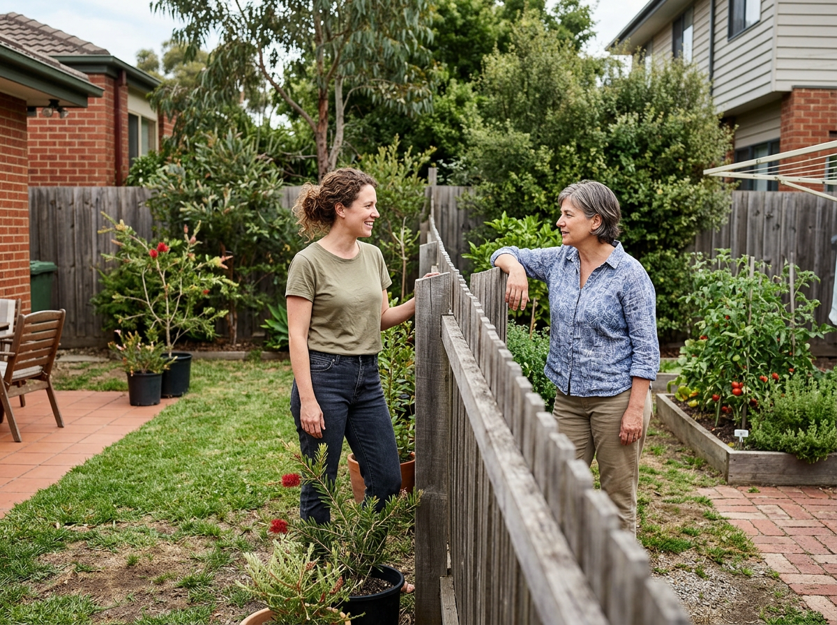 Two women are talking in a backyard garden, separated by a wooden fence. One woman with curly hair wears a green T-shirt and jeans, the other with short gray hair wears a blue patterned shirt and khaki pants. They are smiling and standing near garden beds with plants and trees.