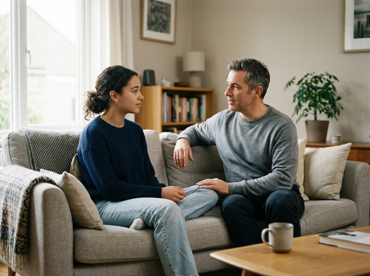 A man and a woman sit on a sofa in a living room, having a serious conversation. The man is speaking while the woman listens attentively. There are cushions, a coffee mug, and a bookshelf in the background.