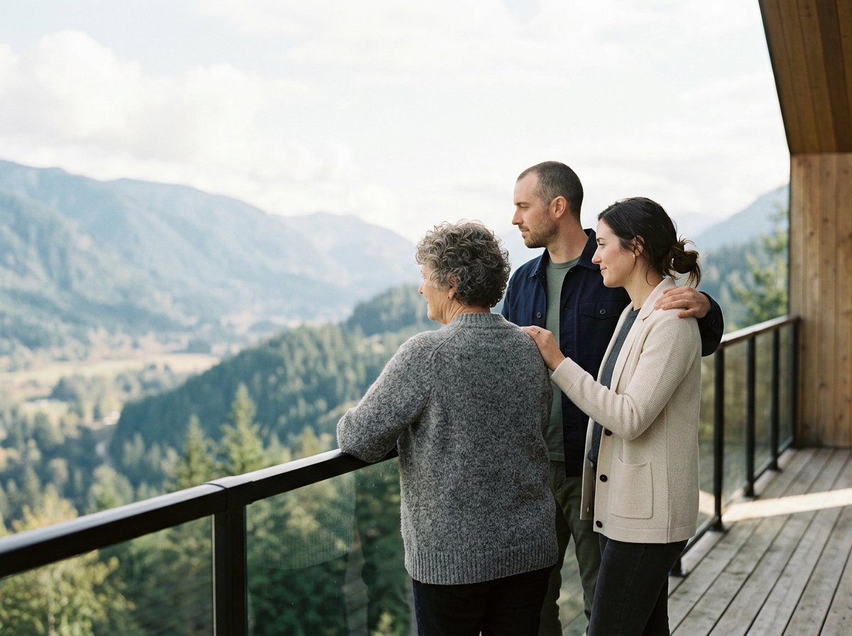 an adult family looking at a view together