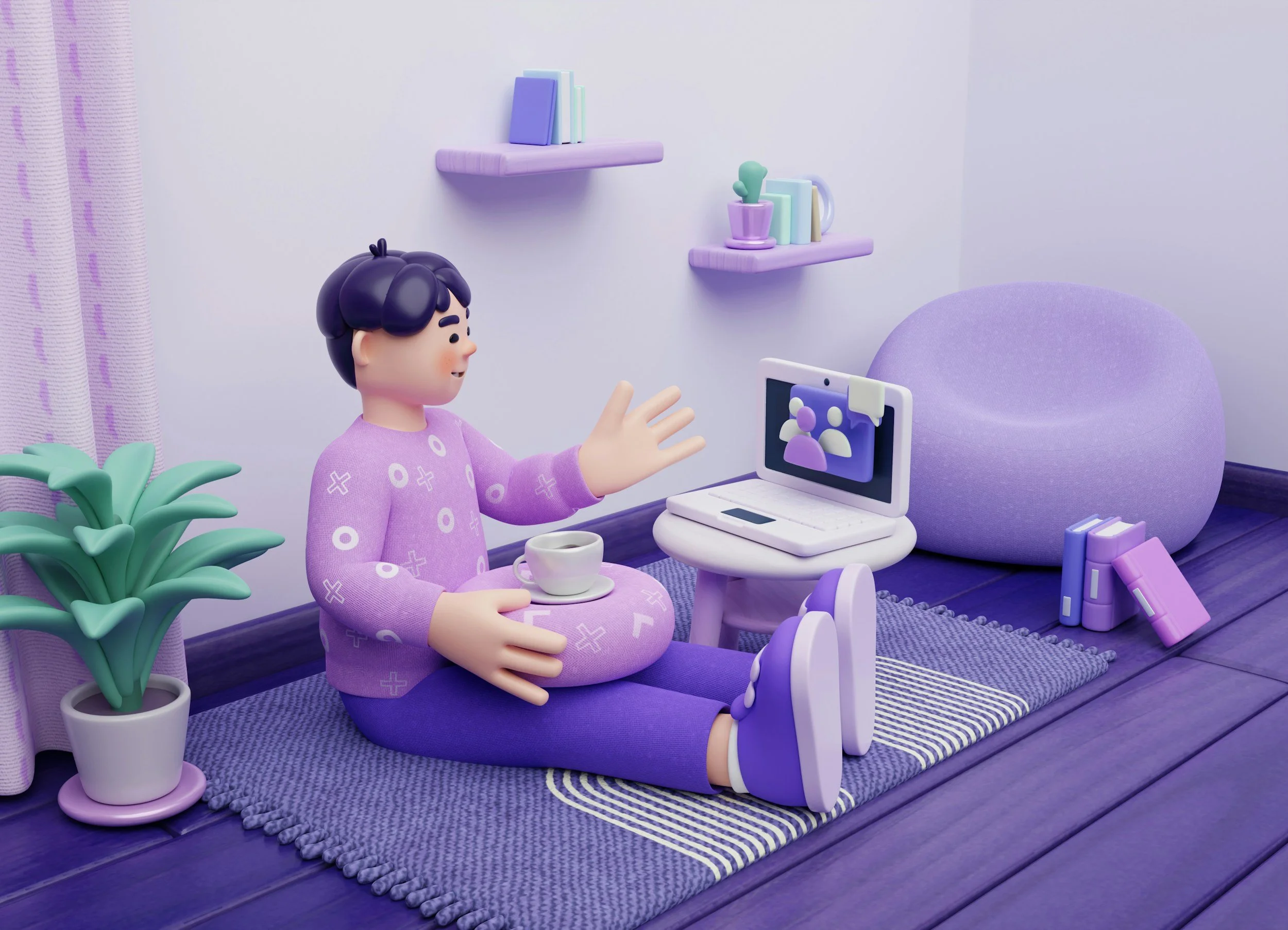 cartoon image of a person sitting on the floor in front of a laptop with a cup of tea