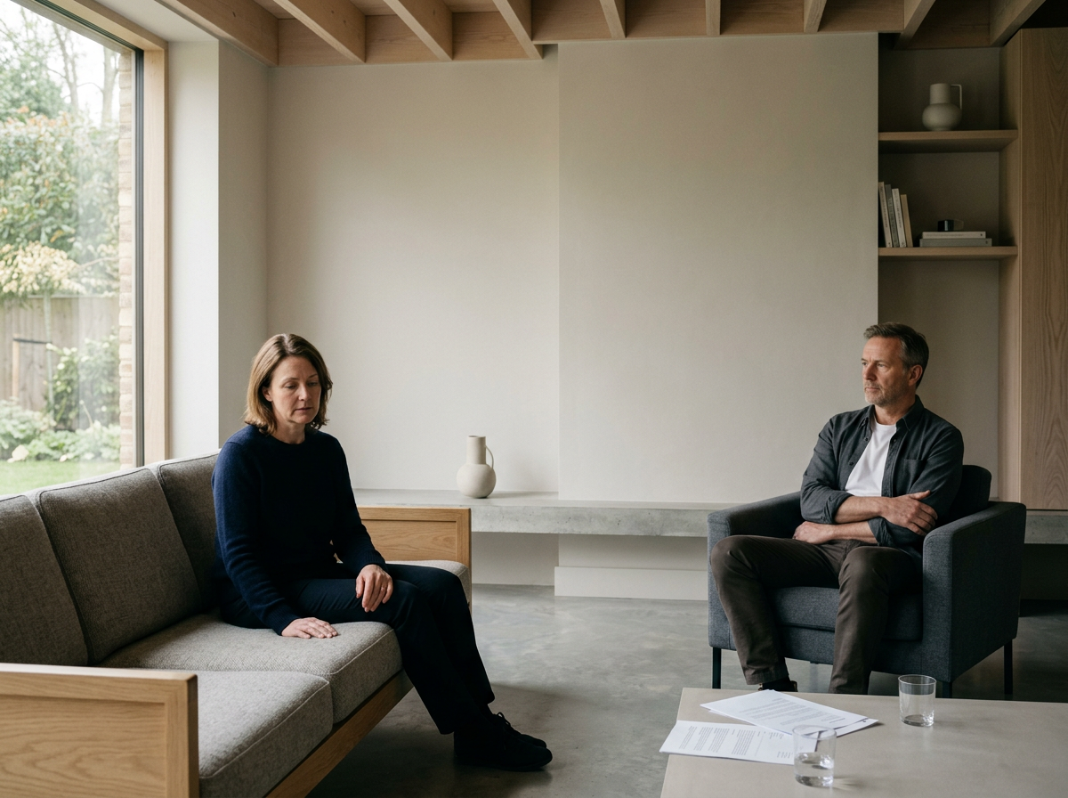 Adult siblings sitting apart in a quiet room after a will dispute