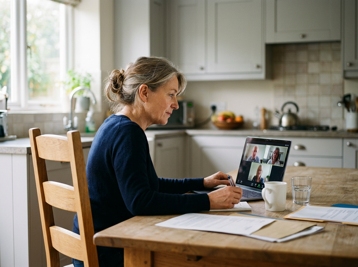 Woman attending an online wills and estates mediation session from her kitchen table