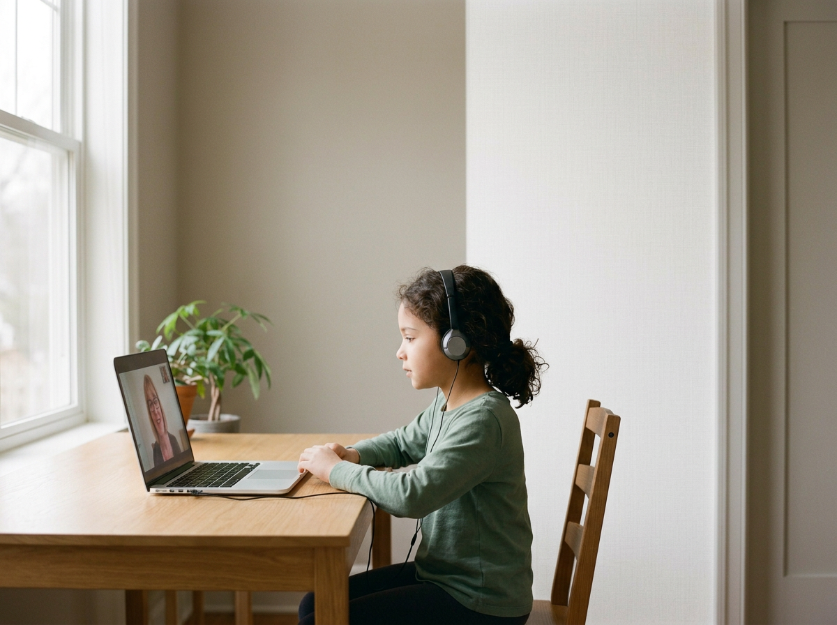 A young girl wearing headphones participating in online child counselling and art therapy via a video call on her laptop at home.