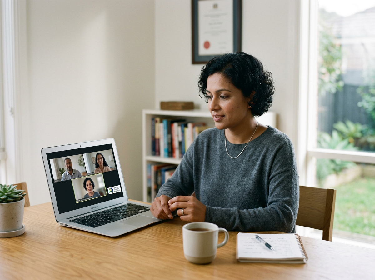 Online mediation session on a laptop with an AMDRAS accredited mediator, Australia