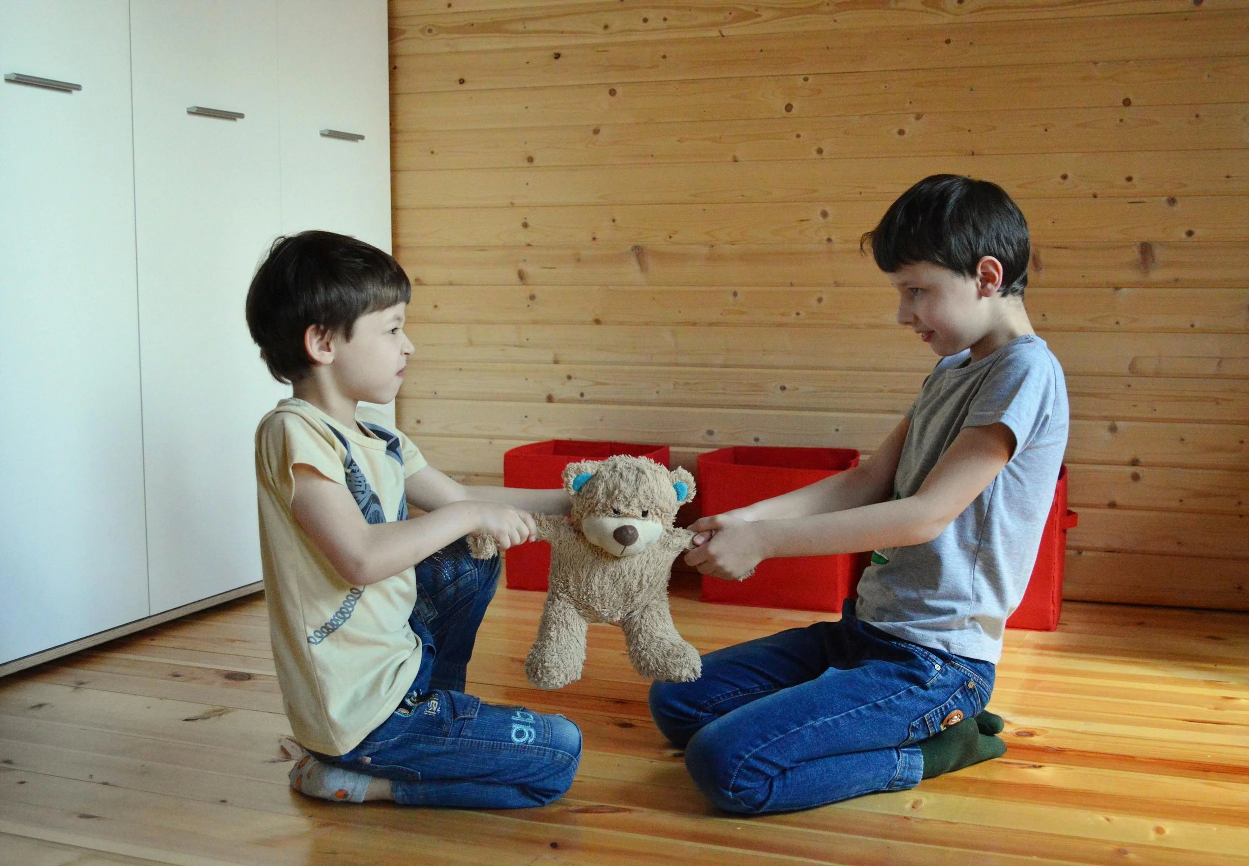 Two young boys are sitting on a wooden floor facing each other, holding a plush teddy bear by its arms between them. The room has a wooden wall and white cabinet doors, with red storage bins in the background.