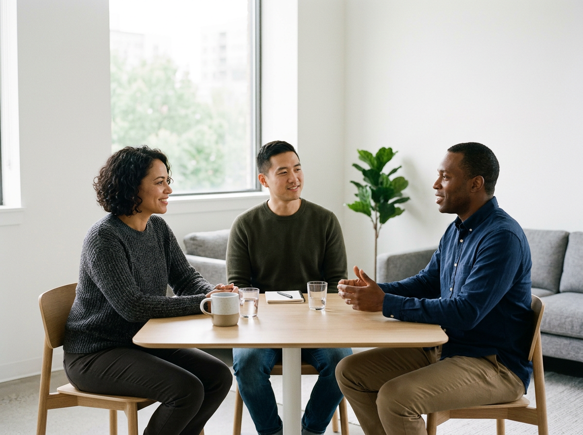 Adult siblings talking calmly after resolving an inheritance dispute through mediation