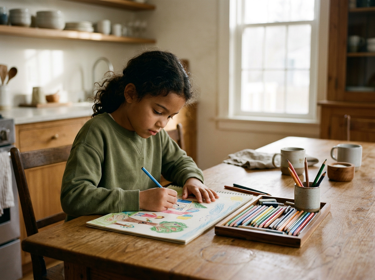 Child drawing with coloured pencils at a kitchen table during an art therapy session