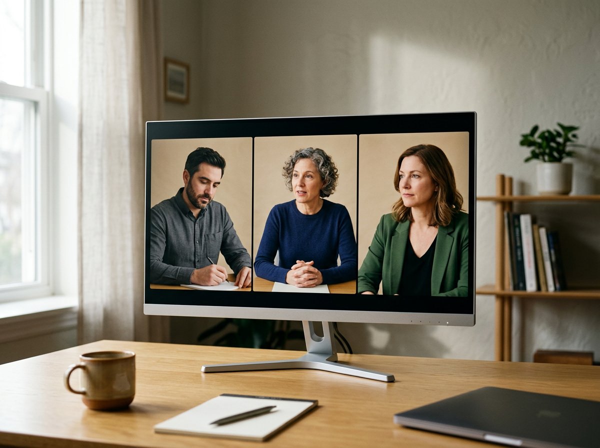 Two people in an online mediation session with an independent mediator