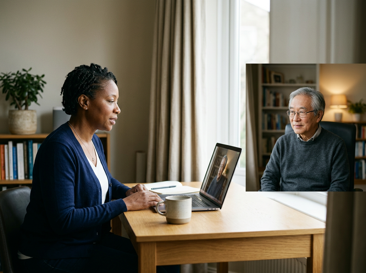 Two people talking calmly on a video call during an online wills and estates mediation session