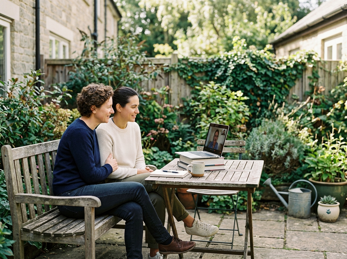 Two women are sitting on a wooden bench outside in a garden, engaged in a video call on a laptop placed on a table. The table has stacks of books, a notebook, and a cup. The garden has various plants in pots and a wooden fence in the background.
