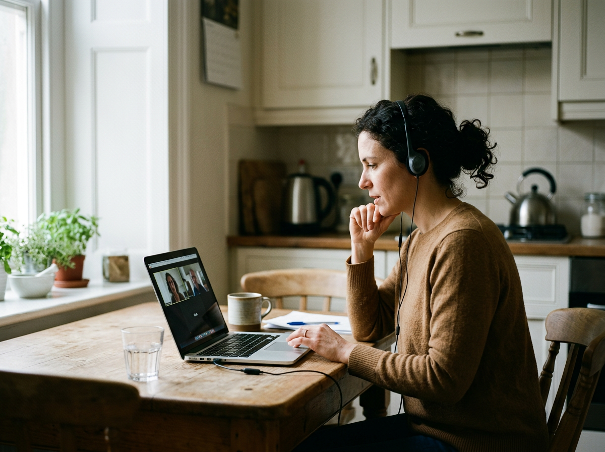 Woman attending online neighbour dispute mediation from her kitchen table via video call